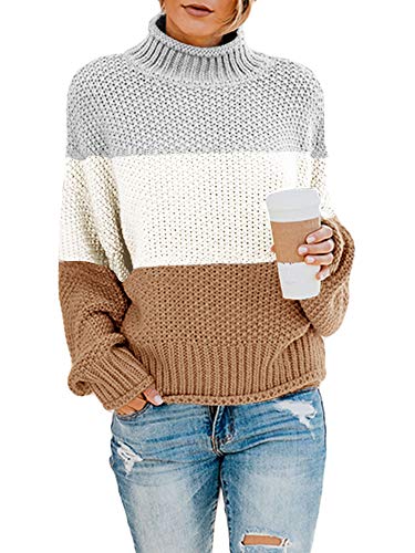 Product Cover Tutorutor Womens Color Block Pullover Sweaters Oversized Chunky Striped Turtleneck Batwing Long Sleeve Loose Knit Jumper