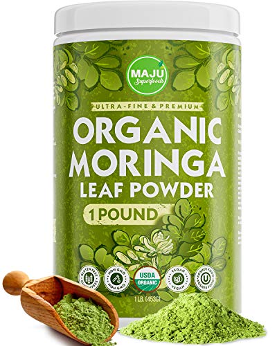 Product Cover MAJU's Organic Moringa Powder (1 Pound), Oleifera Leaf, Extra-Fine Quality, Dried Drumstick Tree Leaves, Tea, Smoothies, Food-Grade