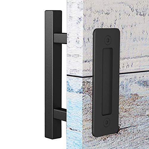 Product Cover EaseLife 10 Inch Sliding Barn Door Handle,Rustic Two-Side Pull and Flush Set,Flat Back-Plate Design,Ultra Sturdy,Black,Square