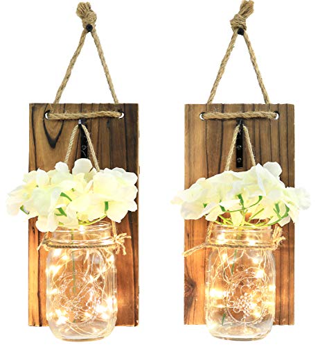 Product Cover Greenco GRC2859 Wall Hung Mason Jar Sconce with Faux Flower and Led Strip Lights, Rustic