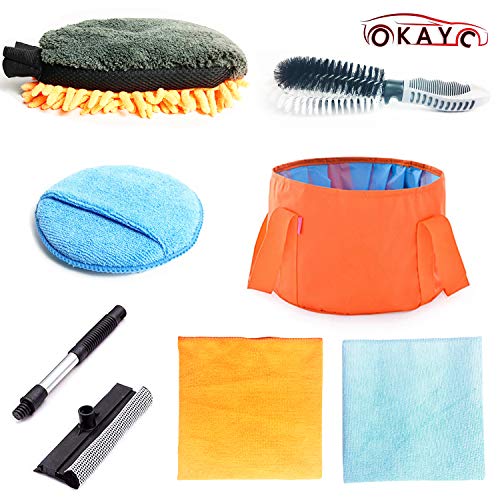 Product Cover OKAYC 7 pcs Car Cleaning Tools Kit with Folding Bucket Car Tire Brush Wash Mitt Sponge Wax Applicator Microfiber Cloths Window Water Blade Brush