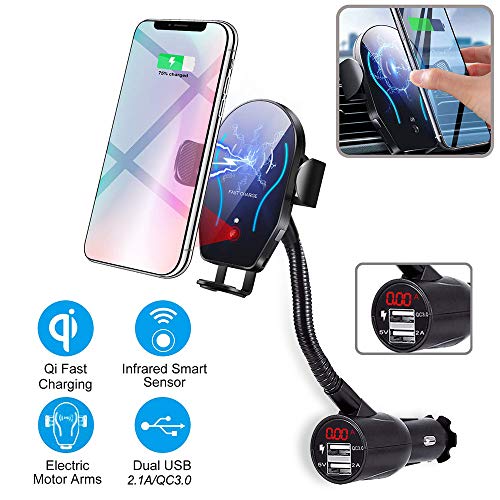 Product Cover itkidboy Car Cigarette Lighter Wireless Charger, Phone Holder Mount Infrared Smart Sensing Automatic Clamping 11W Qi Fast Wireless Charging Cradle for Cell Phone Dual USB (Black)