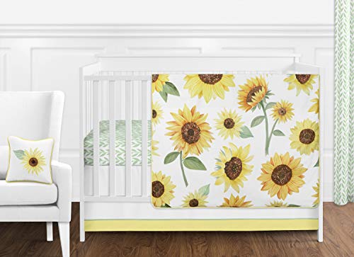 Product Cover Sweet Jojo Designs Yellow, Green and White Sunflower Boho Floral Baby Girl Nursery Crib Bedding Set Without Bumper - 11 Pieces - Farmhouse Watercolor Flower