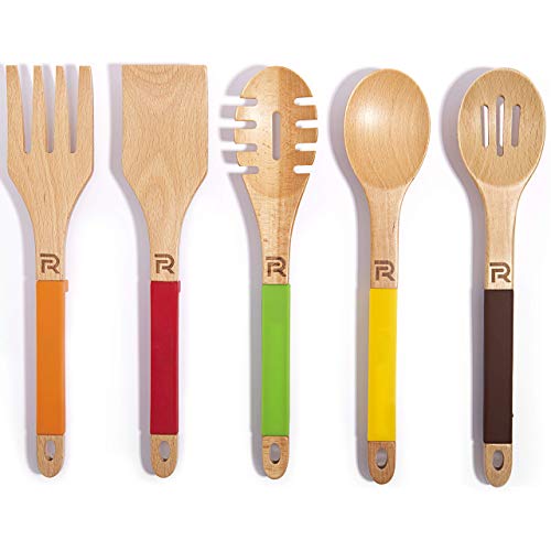Product Cover Riveira Wooden Cooking Utensils Set 5-Piece Wooden Spoons for Cooking Spatula Wood Slotted Spoon Serving Utensil Fork Nonstick Kitchen Utensils with Silicone Handles for Everyday Use
