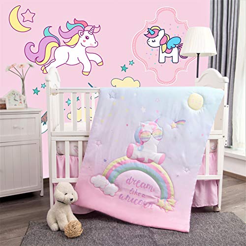 Product Cover La Premura Unicorn Baby Nursery Crib Bedding Set for Girls - Baby Unicorn & Rainbows 3 Piece Standard Size Crib Bedding Sets in Pink, Yellow & Green
