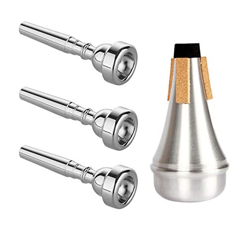 Product Cover 3 Pack Trumpet Mouthpiece (3C 5C 7C) with Lightweight Aluminum Practice Trumpet Mute Silencer Fit for Yamaha Bach Conn King Replacement Musical Instruments Accessories, Silver