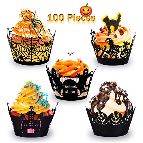 Product Cover Whaline 100 Pcs Halloween Cupcake Wrappers, Artistic Bake Paper Cups Black Laser Cut Cupcake Liners Cake Decoration for Halloween Theme Party