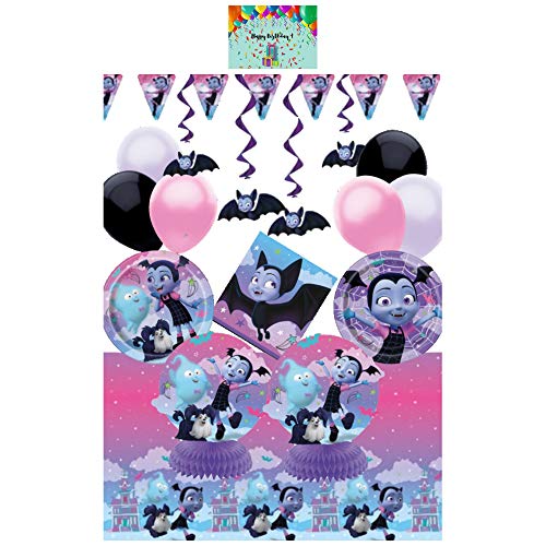 Product Cover Vampirina Party Supplies Kit with Decorations, Balloons and Tableware for 16 - Includes Vampirina Plates, Tablecloth, Napkins, Banner, 2 Honeycomb Decorations, 4 Hanging Bat Swirls, 12 Latex Balloons and Birthday Card by JPMD