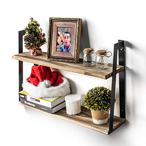 Product Cover T-SIGN Floating Shelves Wall Mounted, 2-Tier Rustic Floating Wall Shelves, Wood Hanging Shelves for Bedroom, Bathroom, Living Room, Kitchen, Office Storage and Display, with Gloves, Carbonized Black
