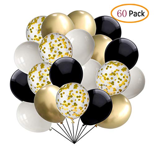 Product Cover 60 pcs Black and Gold Confetti Balloons 12 Inch White Pearl and Gold Metallic Party Balloons for Holidays Birthday Party Decorations