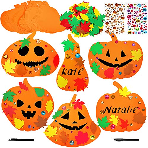 Product Cover Supla 30 Kits Foam Halloween Pumpkin Decorations DIY Pumpkin Craft Kits Assorted Foam Pumpkin Shapes with Fall Maple Leaves Rhinestone Stickers for Kids Crafts Fall Thanksgiving Halloween Decoration