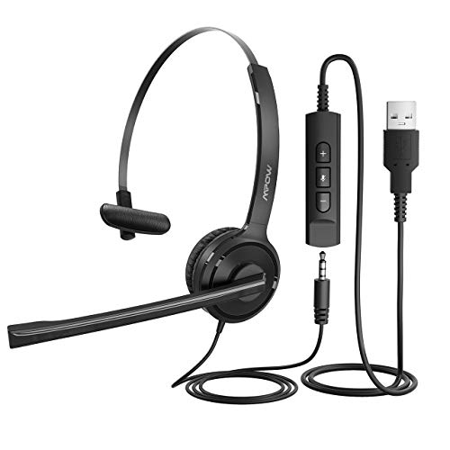 Product Cover Mpow Single-Sided USB Headset with Microphone, Over-The-Head Computer Headphone for PC, 270 Degree Boom Mic for Right/Left Ear, Comfort-fit Call Center Headsets with in-Cord Volume Control