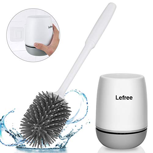 Product Cover Lefree Silicone Toilet Brush and Holder, Bathroom Toilet Bowl Cleaner Brush Set,Non-Slip Handle with TPR Soft Bristle,Wall Mounted/Floor Standing (White-Grey)