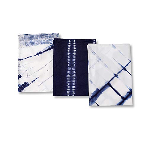 Product Cover Folkulture Cotton Kitchen Towels or Dish Towels, 18 X 26 Inches Tea Towels or Dish Cloths with Corner Hanging Loop, Set of 3 Blue Shibori Dish Rags for Kitchen Décor