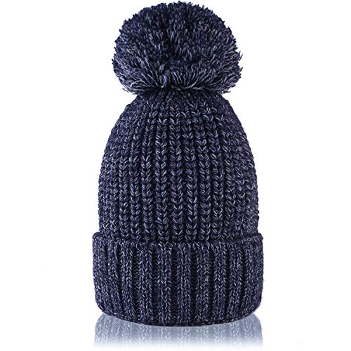 Product Cover QNLYCZY Womens Winter Beanie Hat Cashmere Knit Cap Warm Wool Lined Skullies Hat Ski Cap Pom Pom Navy Blue