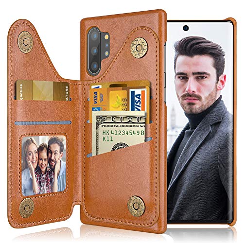 Product Cover LOHASIC for Note 10 Plus Wallet Case, 5 Card Holder, Vegan Leather Business Portfolio for Men, Stand Flip Magnetic Bulky Pocket Phone Cover for Samsung Galaxy 6.8 Note 10+/ 5G (2019) Brown