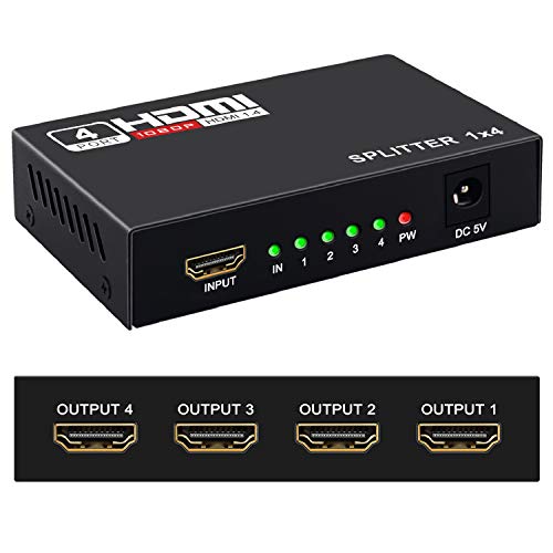 Product Cover HDMI Splitter 1 in 4 Out -4K Hdmi Splitter 1x4 Ports v1.4 Powered 4K/2K Full Ultra HD 1080p US Adapter 3D Support