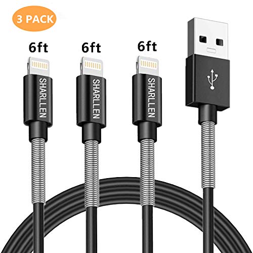 Product Cover iPhone Charger Cable Mfi Certified Sharllen 3 Pack 6FT Lightning Cable Spring Fast Charging Long Cord USB Charging Cable Compatible iPhone XS Max XR X 8 8Plus 7 7P 6S iPad iPod Black