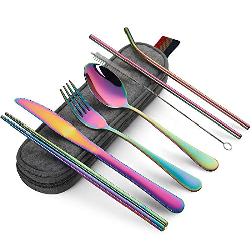 Product Cover Devico Portable Utensils, Travel Camping Cutlery Set, 8-Piece including Knife Fork Spoon Chopsticks Cleaning Brush Straws Portable Case, Stainless Steel Flatware set (8-piece Rainbow)