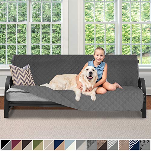 Product Cover Sofa Shield Original Patent Pending Reversible Futon Protector for Seat Width up to 70 Inch, Furniture Slipcover, 2 Inch Strap, Daybed Couch Slip Cover Throw for Pet Dogs, Cats, Futon, Charcoal