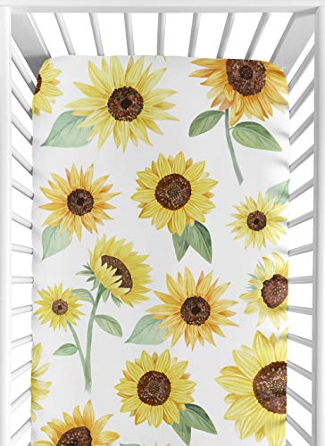 Product Cover Sweet Jojo Designs Yellow, Green and White Sunflower Boho Floral Girl Baby or Toddler Nursery Fitted Crib Sheet - Farmhouse Watercolor Flower