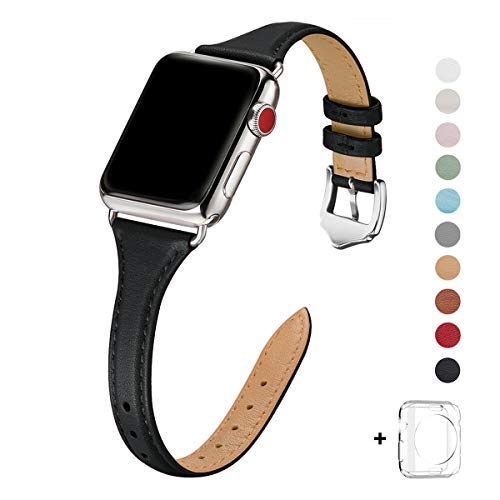 Product Cover WFEAGL Leather Bands Compatible with Apple Watch 42mm 44mm, Top Grain Leather Band Slim & Thin Wristband for iWatch Series 5 & Series 4/3/2/1(Black Band+Silver Adapter, 42mm 44mm Small & Middle Size)