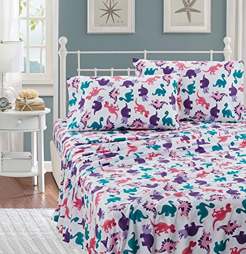 Product Cover Better Home Style Multicolor Pink Blue Purple Dinosaurs Design for Girls/Kids/Teens 3 Piece Sheet Set with Pillowcase Flat and Fitted Sheets # Dinosaur Land Pink (Twin)