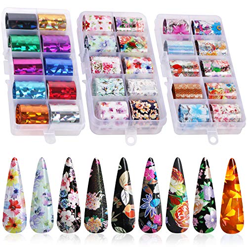 Product Cover 30 Color Nail Foil Transfer Sticker, Kissbuty Holographic Flower Nail Art Stickers Tips Wraps Foil Transfer Adhesive Glitters Acrylic DIY Nail Decoration, 3 Boxes (Flowers and Glitters)