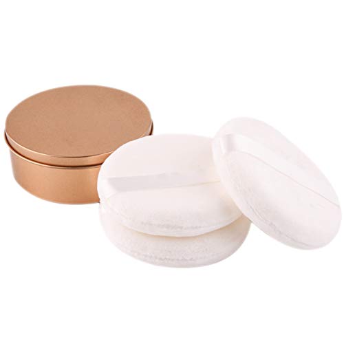 Product Cover WXJ13 3 Pack 4.12 Inch Large Powder Puff with Metal Powder Box, Smooth Soft Puff with Ribbon Band Handle for Body Loose Powder