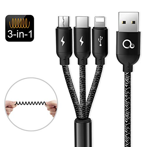 Product Cover Multi USB Charging Cable, AOJI Nylon Braided Retractable USB C Cable 3 in 1 Car Phone Charger Cord with Micro USB/Type C Compatible for iPhone 8/9/XR/Max/X/8/7 Plus/Samsung S10 S9 /Note 9/ Moto G7/LG