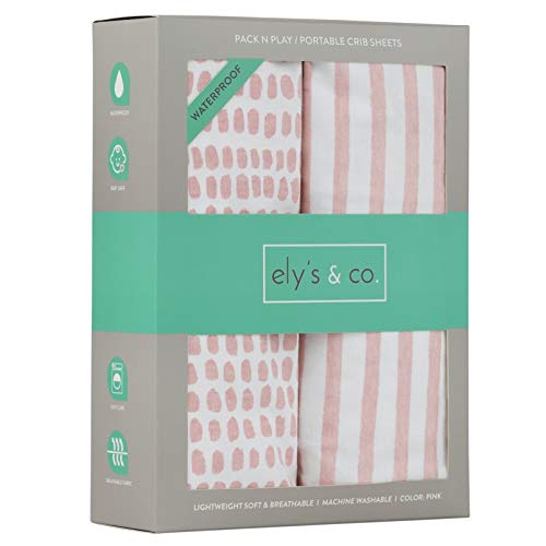 Product Cover Waterproof Pack N Play/Mini Portable Crib Sheet with Mattress Pad Cover Protection I Mauve Pink Stripes and Splash by Ely's & Co.