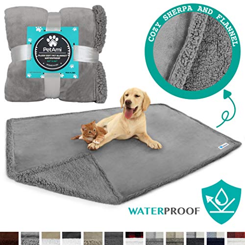 Product Cover PetAmi WATERPROOF Dog Blanket for Bed, Couch, Sofa | Waterproof Dog Bed Cover for Large Dogs Puppies | Grey Sherpa Fleece Pet Blanket Furniture Protector | Reversible Microfiber | 80 x 55 (Light Grey)