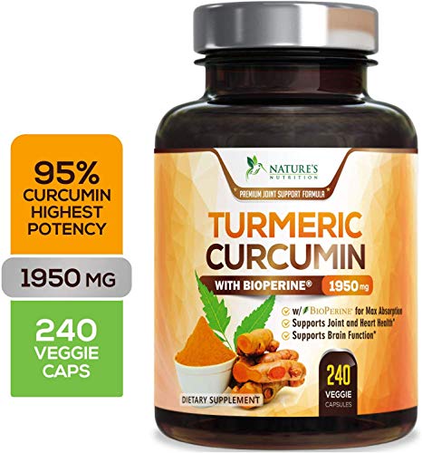 Product Cover Turmeric Curcumin Highest Potency 95% Standardized Curcuminoids 1950mg with Bioperine for Best Absorption, Made in USA, Best Vegan Joint Pain Relief Turmeric Pills by Natures Nutrition - 240 Capsules