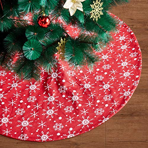 Product Cover Eilaysyum Christmas Tree Skirt 48 inches Large Red Tree Skirts White Snowflake for Christmas Decorations Indoor Outdoor New Year Holiday Party Ornaments