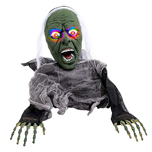 Product Cover Halloween Haunters Scary Zombie Green Wicked Witch Groundbreaker Prop Decoration with Multi-Color Flashing LED Skull Lights - Spooky Screaming Face - Haunted House Graveyard, Cemetery Tombstone, Party