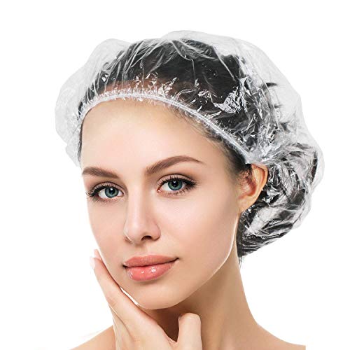 Product Cover Auban Shower Caps Disposable, 130 PCS Large&Thick Clear Waterproof Plastic Elastic Hair Bath Caps For Women Kids Girls, Travel Spa, Hotel and Hair Solon, Home Use