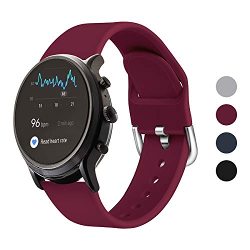 Product Cover Qiyiguo Compatible for Fossil Gen 5 (Julianna/Carlyle) 44mm Band, Replacement 22mm Solid Color Watch Band Compatible for Fossil Gen 5 Smartwatch (Julianna/Carlyle)- Wine Red (S)