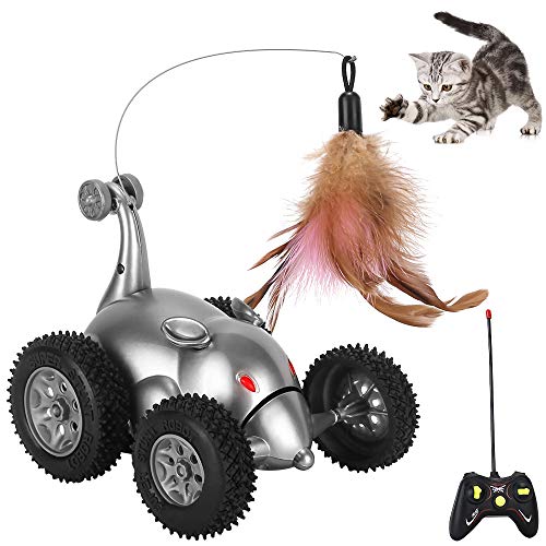 Product Cover SlowTon Remote Cat Feather Toy, Mouse Shape Interactive Moving Automatic Robotic Rat Sound Chaser Prank Car for Kitten | Stimulate Cat Hunting Instincts | Funny Gifts for Pet (No Battery Included)