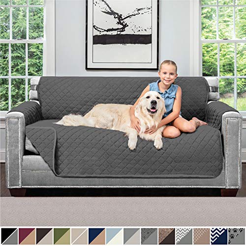 Product Cover Sofa Shield Original Patent Pending Reversible Small Sofa Protector for Seat Width up to 62 Inch, Furniture Slipcover, 2 Inch Strap, Couch Slip Cover Throw for Pet Dogs, Cats, Sofa, Charcoal