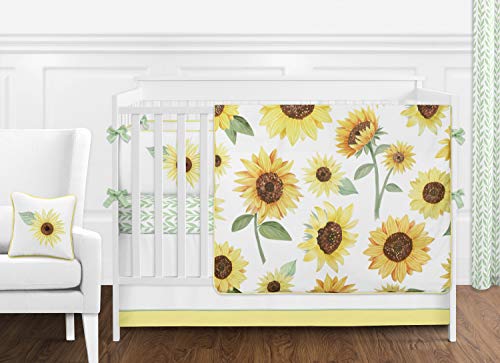 Product Cover Sweet Jojo Designs Yellow, Green and White Sunflower Boho Floral Baby Girl Nursery Crib Bedding Set with Bumper - 9 Pieces - Farmhouse Watercolor Flower