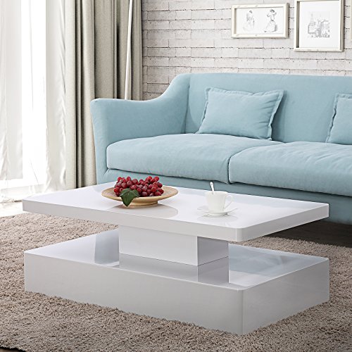 Product Cover Mecor Modern Glossy White Coffee Table W/LED Lighting, Contemporary Rectangle Design Living Room Furniture