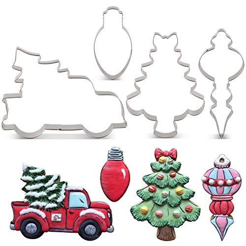 Product Cover LILIAO Christmas Cookie Cutter Set - 4 Piece - Pickup Truck with Christmas Tree, Christmas Tree with Bow, Light Bulb and Christmas Ornament Biscuit Fondant Cutters - Stainless Steel