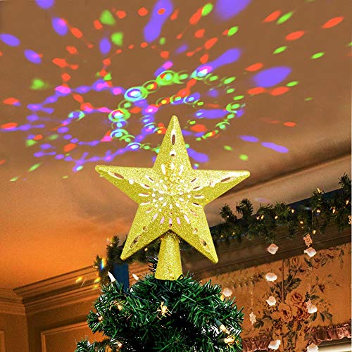 Product Cover OurWarm Christmas Tree Topper Lighted Star Tree Topper Gold Christmas Tree Star with Adjustable Rotating Magic Rainbow Projector Lights, 3D Hollow Star Tree Topper for Christmas Tree Decorations