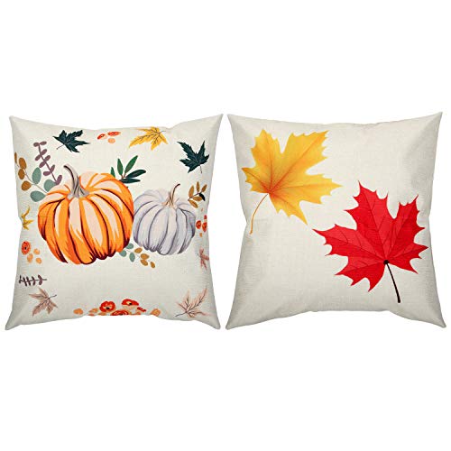 Product Cover Fall Pillow Covers, Colovis Autumn Theme Pillow Cases Set of 2 Pumpkin Maple Leaves Cushion Couch Cover Pillow Covers for Halloween Thanksgiving Day Autumn Decor Natural Linen18x18 Inches