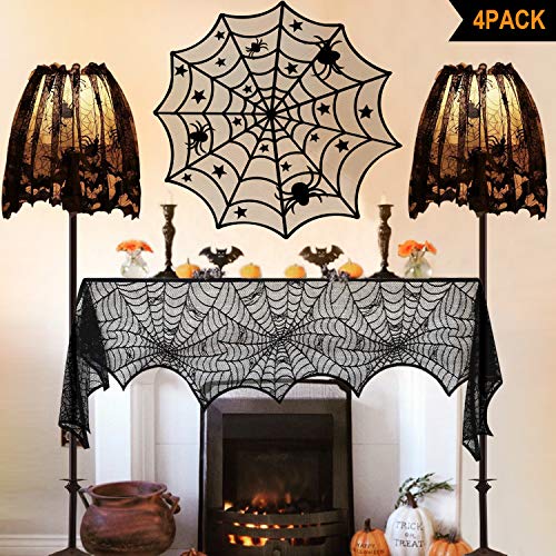 Product Cover Halloween Decorations Indoor, Set of 4 Black Lace Decors, Including Spider Web Fireplace Mantel Scarf Cover,Spiderweb Round Lace Table Topper Tablecloth, 2Pcs Spider Web Lamp Shade Cover Scarf