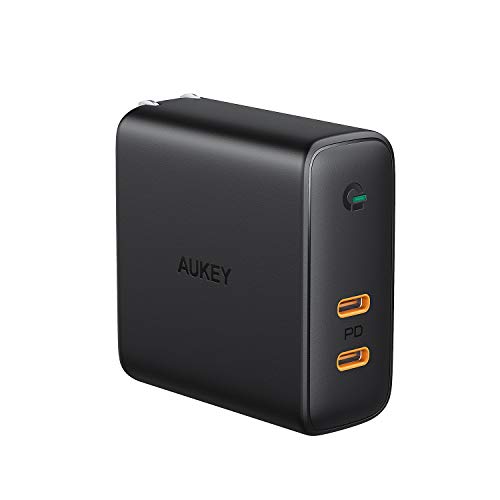 Product Cover AUKEY USB C Charger, 63W PD Charger 60W PD 3.0 with Dynamic Detect [GaN Power Tech], 45W & 18W USB C Dual Port for MacBook Pro, iPhone 11 Pro, AirPods Pro, Pixel 3 / 3XL, Nintendo Switch, and More