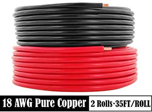 Product Cover 18 AWG (American Wire Gauge) Pure Copper Low Voltage Primary Cable for Car Audio Amplifier 12 Volt Automotive Trailer Harness Hookup Wiring. 35 feet Red & 35 ft Black Combo