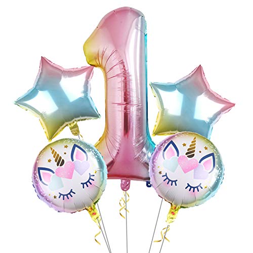 Product Cover Bsstr 32 inch Large Unicorn Rainbow Number Balloon Set and 2 Star Foil Balloons 2 Unicorn Round Foil Balloons for Kids Corlorful Birthday Party Supplies, Baby Shower Decorations,Number 1