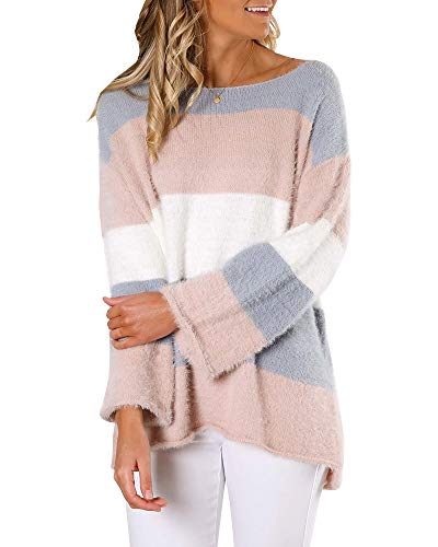 Product Cover Tutorutor Womens Color Block Fluffy Sweaters Oversized Striped Long Sleeve Crew Neck Loose Chunky Knit Jumper Pullover Pink