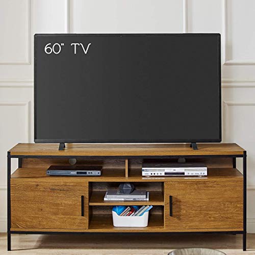 Product Cover CAFFOZ Furniture Designs Wide Entertainment Center TV Media Stand with Two Doors and Storage Shelves | Sturdy | Easy Assembly | Brown Oak Wood Look Accent Furniture with Metal Frame